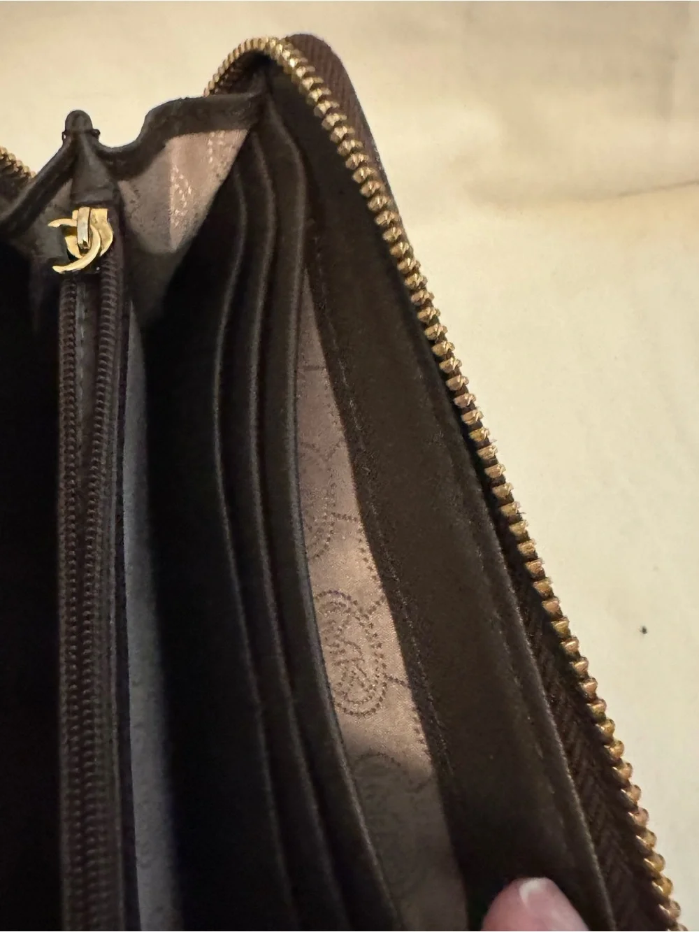 Michael Kors Dark Brown MK Logo Zip Around Wallet with Gold Plaque